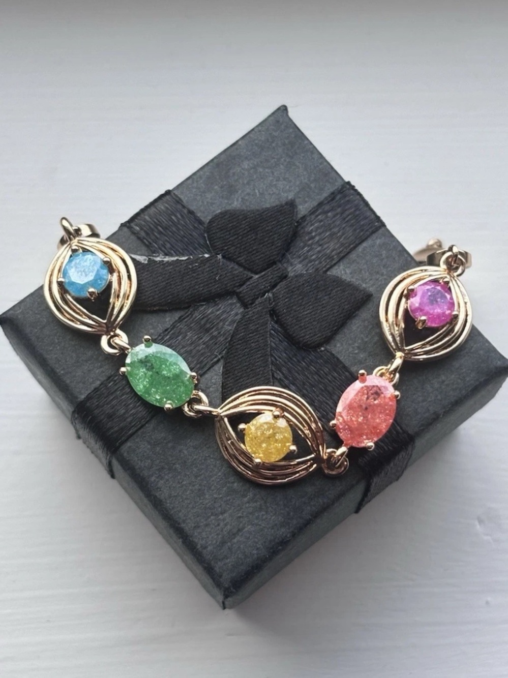 Rose Gold Multicolor Crystal Bracelet Dainty Colorful Gemstone Style Link